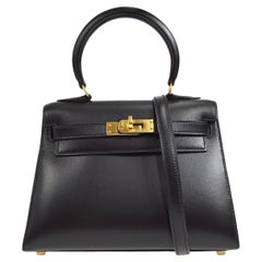 HERMES Kelly 20 Black Calfskin Box Leather Small Mini Top Handle Handbag