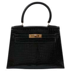 HERMES Kelly 20 Black Crocodile Exotic Leather Diamond Gold Shoulder Tote Bag
