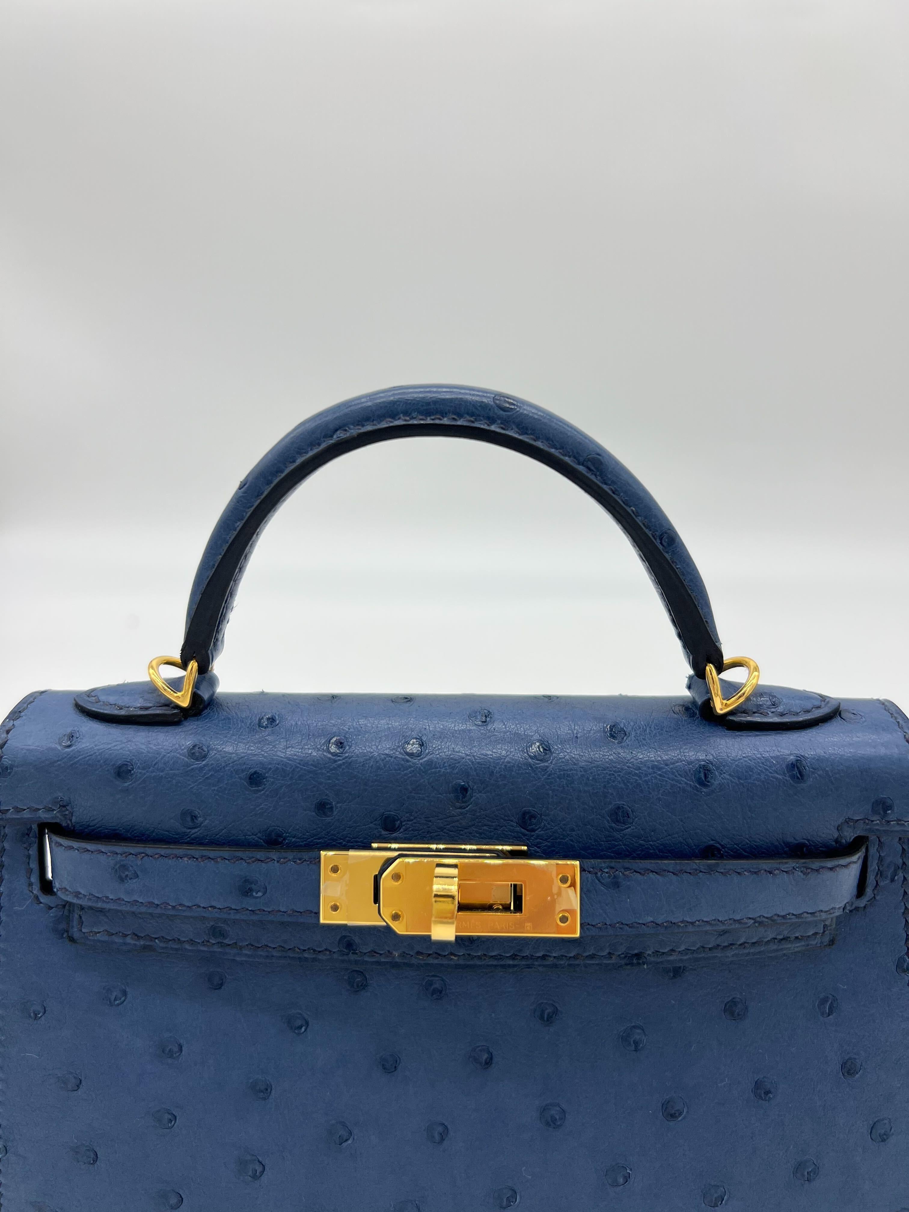 Hermes Kelly Sellier Bag 28cm Ostrich Blue Iris Gold Hardware
