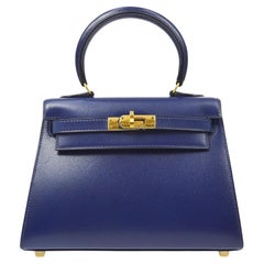 HERMES Kelly 20 Blue Box Calfskin Leather Gold Hardware Top Handle Shoulder Bag