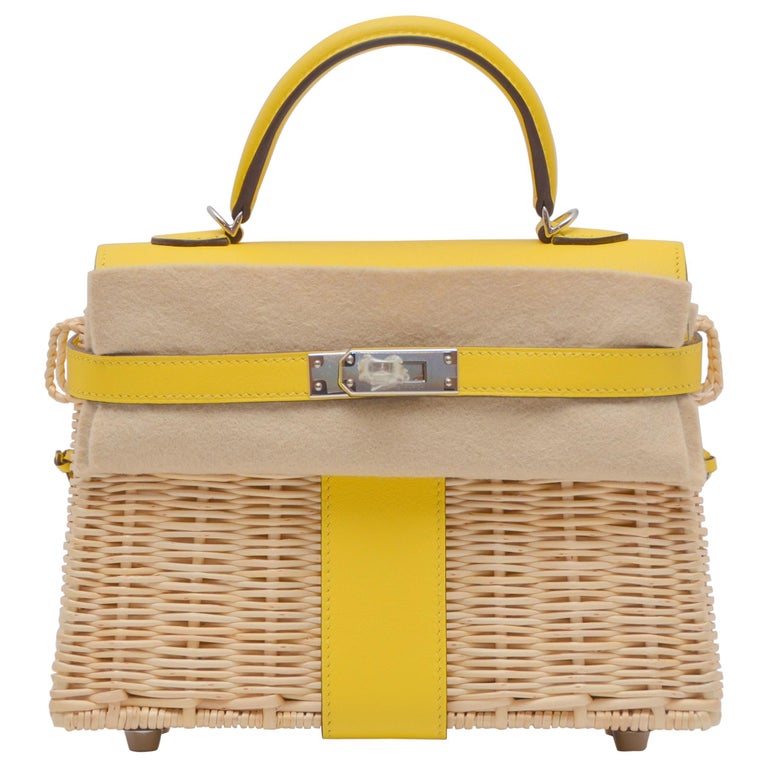 KELLY 20CM JAUNE DE NAPLES SWIFT IN TURQUOISE LEATHER AND WICKER SILVER HARDWARE