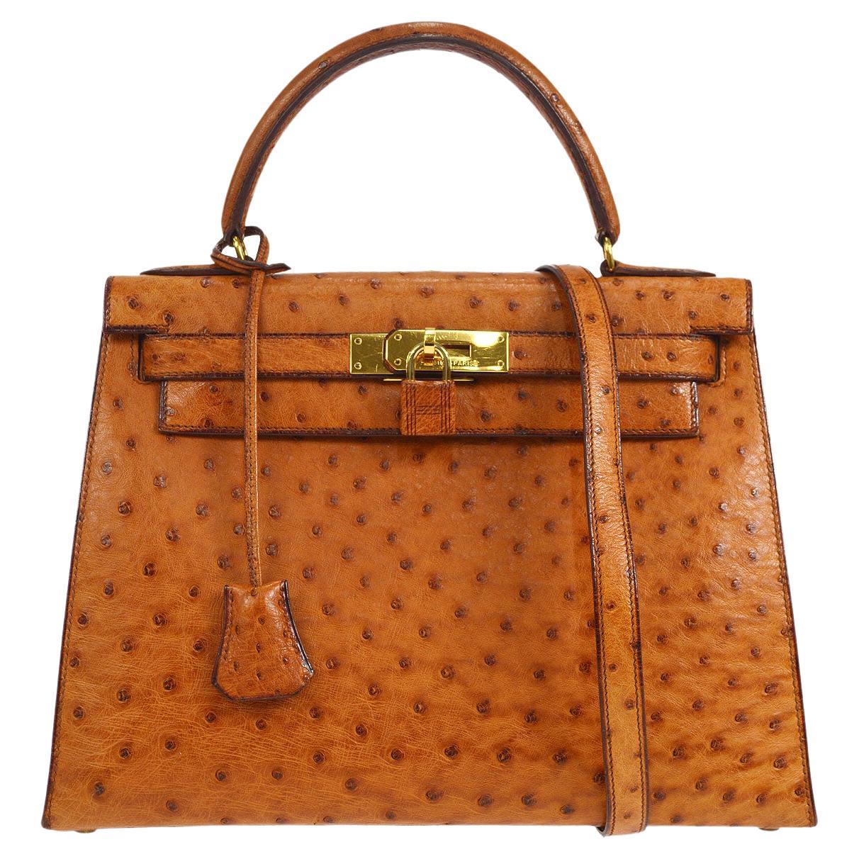 HERMES Kelly 20 Cognac Châtaigne Ostrich Exotic Gold Top Handle Shoulder Tote Bag