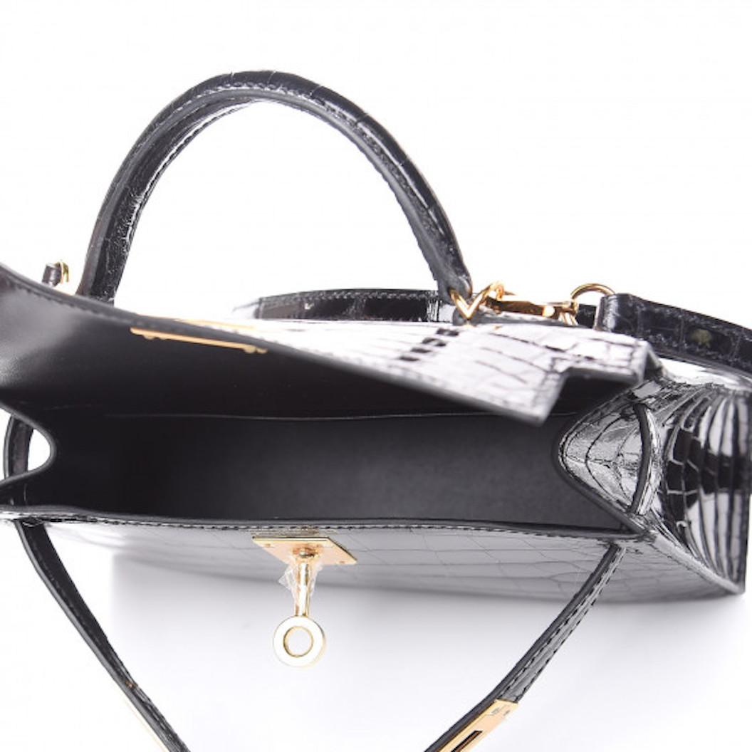 Hermes Kelly 20 Mini Black Alligator Gold Top Handle Satchel Shoulder Bag in Box 1