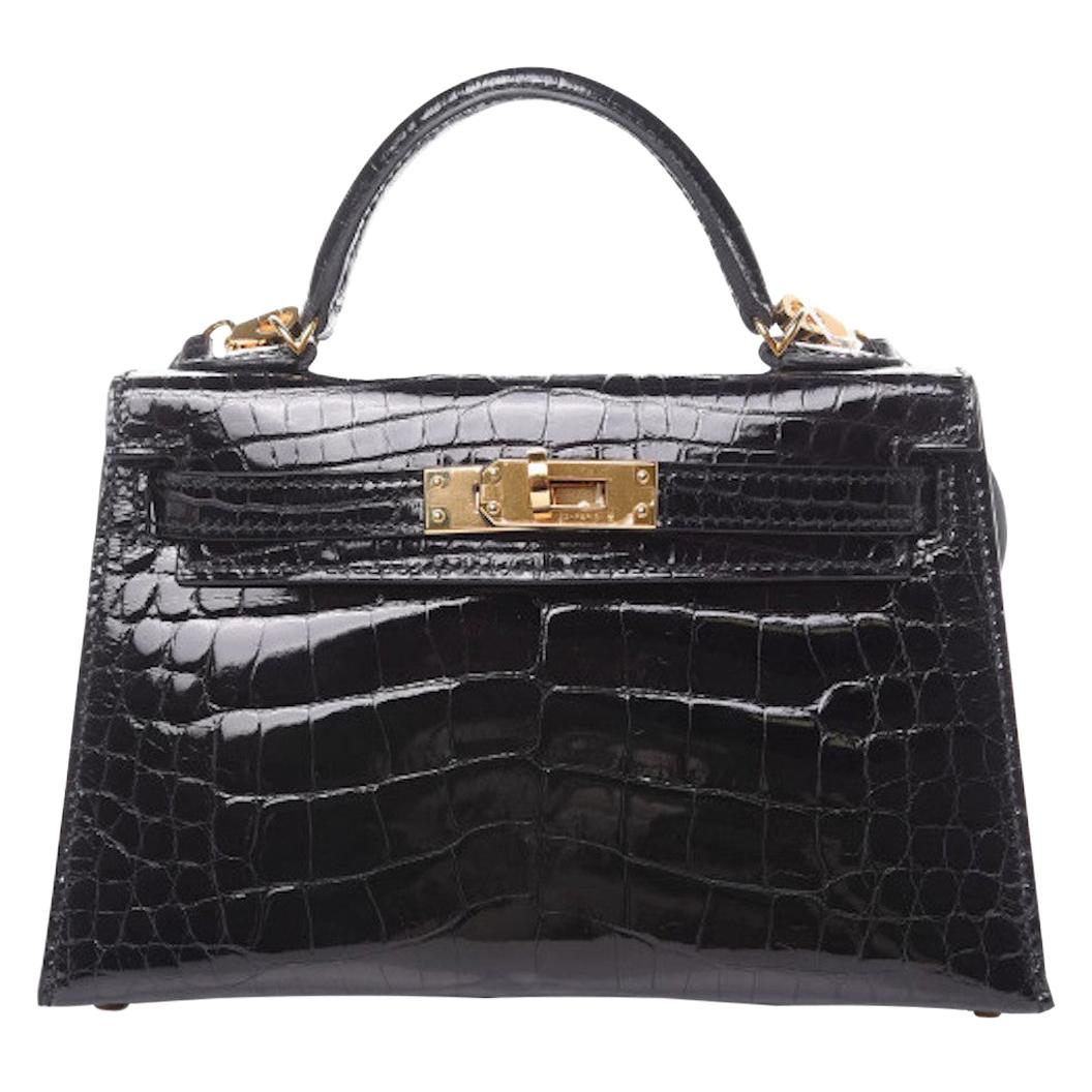Hermes Kelly 20 Mini Black Alligator Gold Top Handle Satchel Shoulder Bag in Box