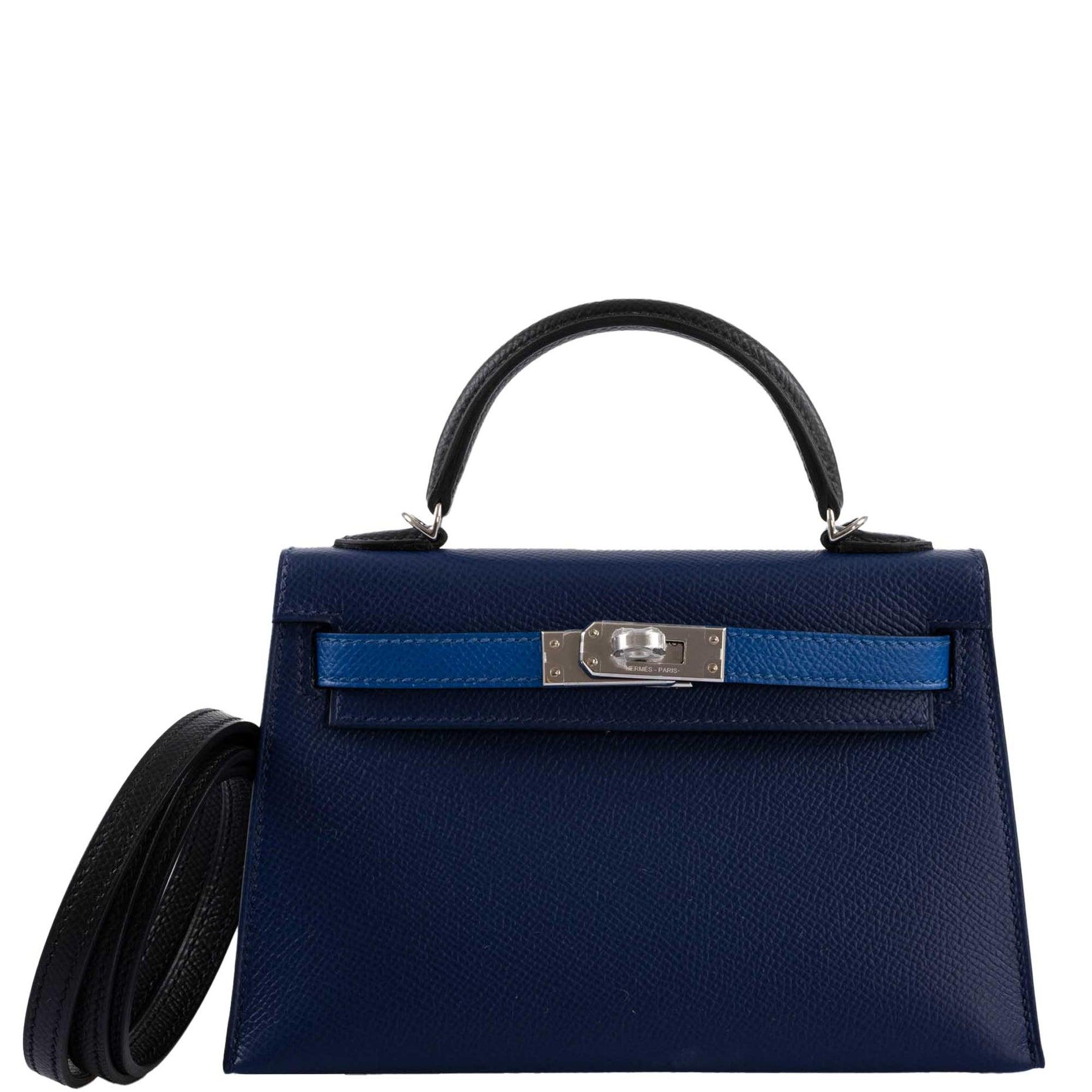 Hermès Kelly 20 Mini II Sellier Bleu Sapphire, Bleu France, Noire Epsom Bag In New Condition For Sale In NYC Tri-State/Miami, NY