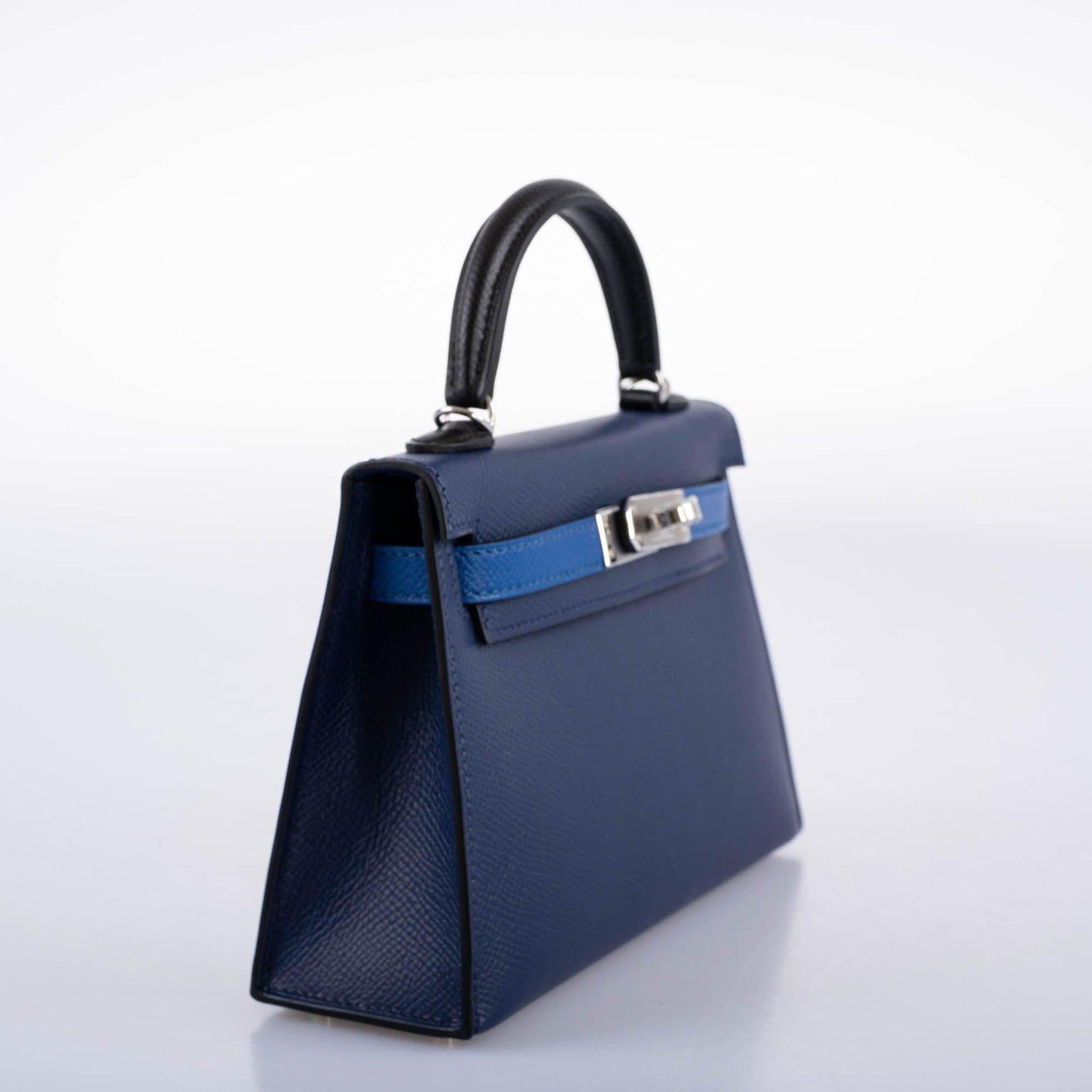 Women's Hermès Kelly 20 Mini II Sellier Bleu Sapphire, Bleu France, Noire Epsom Bag For Sale