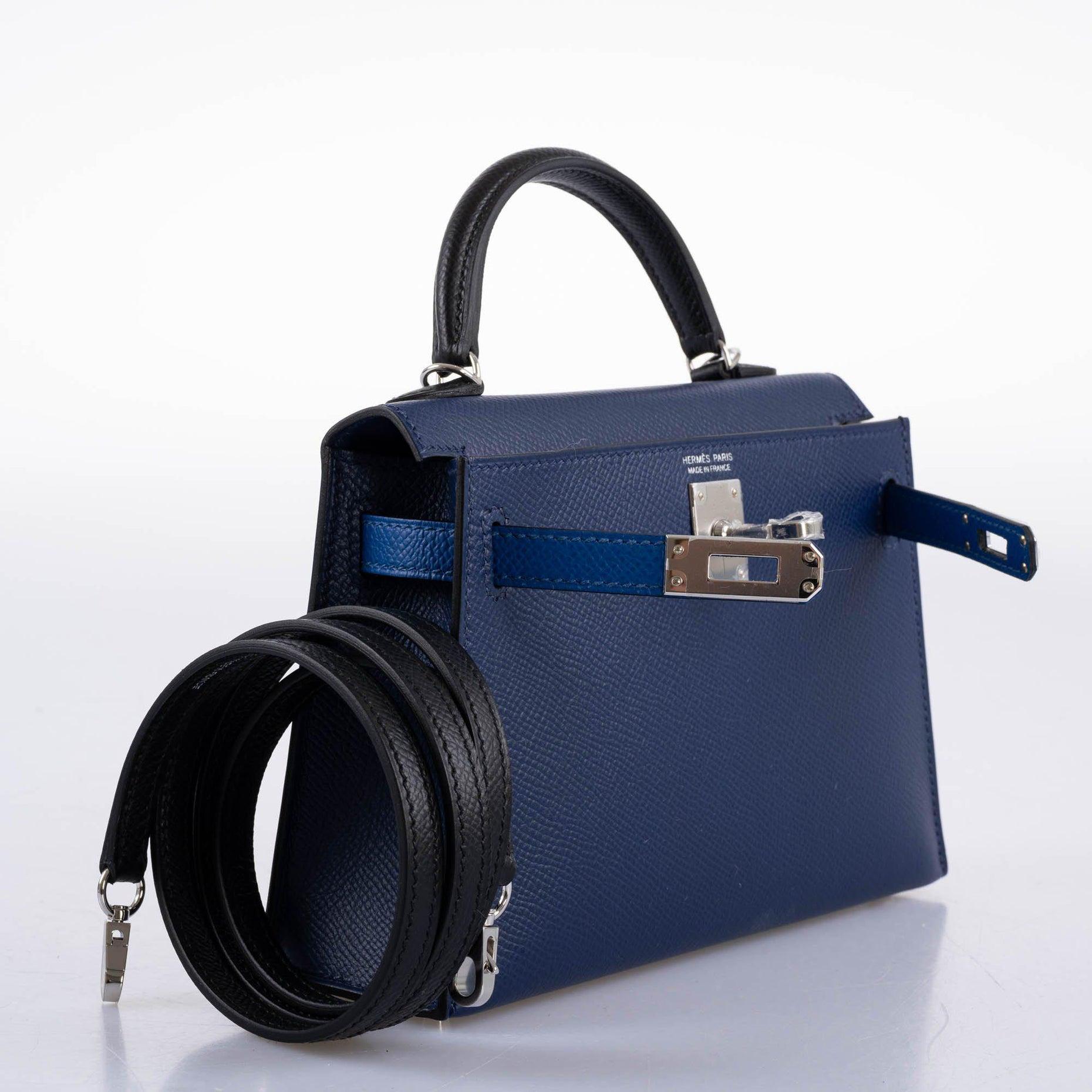 Hermès Kelly 20 Mini II Sellier Bleu Sapphire, Bleu France, Noire Epsom Bag For Sale 2