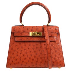 HERMES Kelly 20 Mini Orange Red Ostrich Exotic Gold Top Handle Handbag