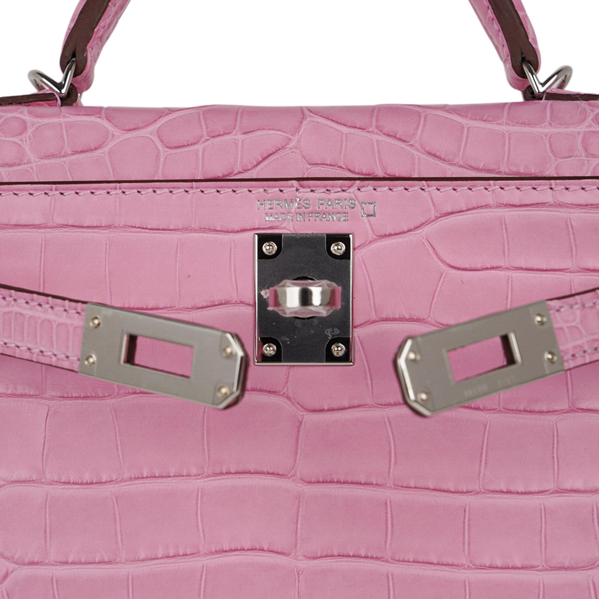 Rose Sac Hermès Kelly 20 Mini Sellier 5 pièces en alligator rose mat et palladium, édition limitée 