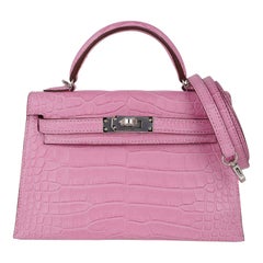 Hermès Kelly 20 Mini Sellier Tasche 5P Rosa Mattes Alligator Palladium Limitiert 