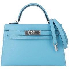 Hermes Kelly 20 Mini Sellier Rare Blue Celeste Chevre Palladium