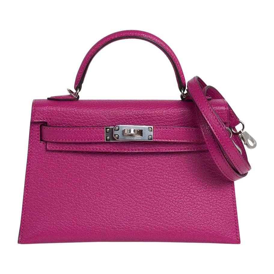 Hermes Kelly 20 Mini Sellier Rose Pourpre Tasche Chevre Leder Palladium Hardware