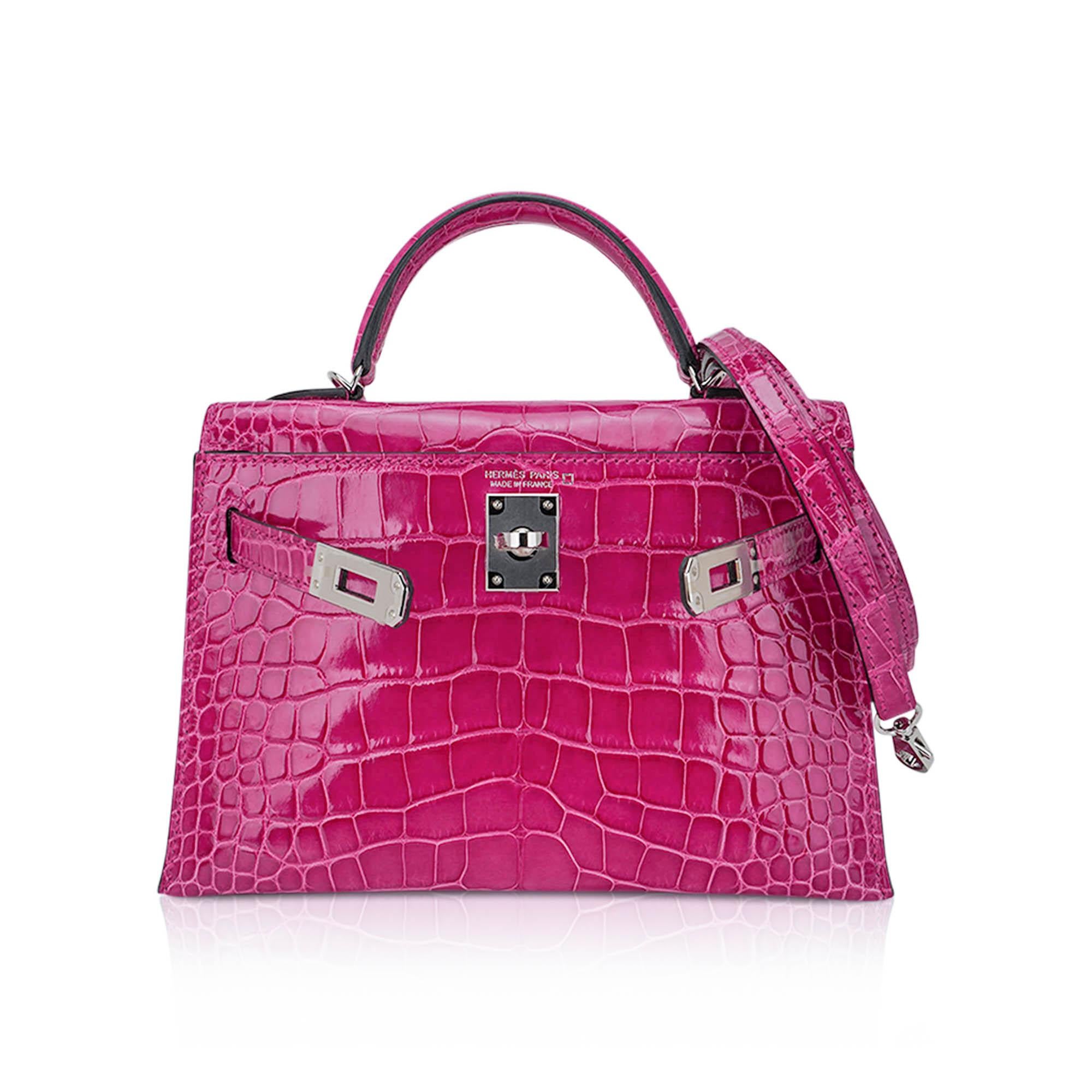 Pink Hermes Kelly 20 Mini Sellier Rose Scheherazade Alligator Bag Palladium Hardware For Sale