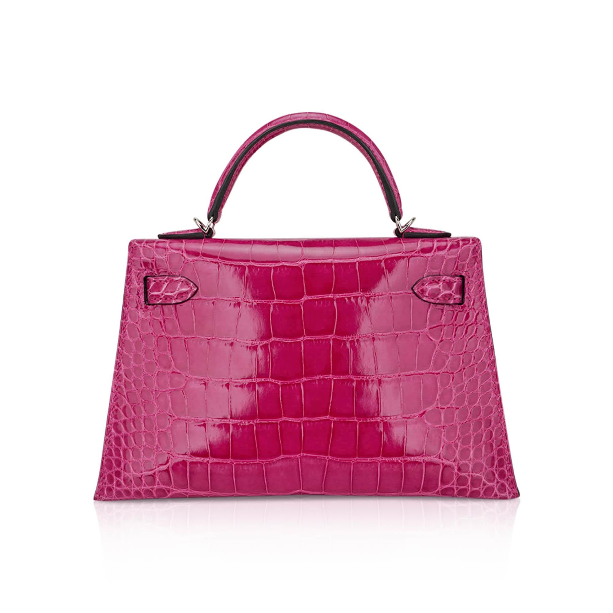 Hermes Kelly 20 Mini Sellier Rose Scheherazade Alligator Bag Palladium Hardware For Sale 2