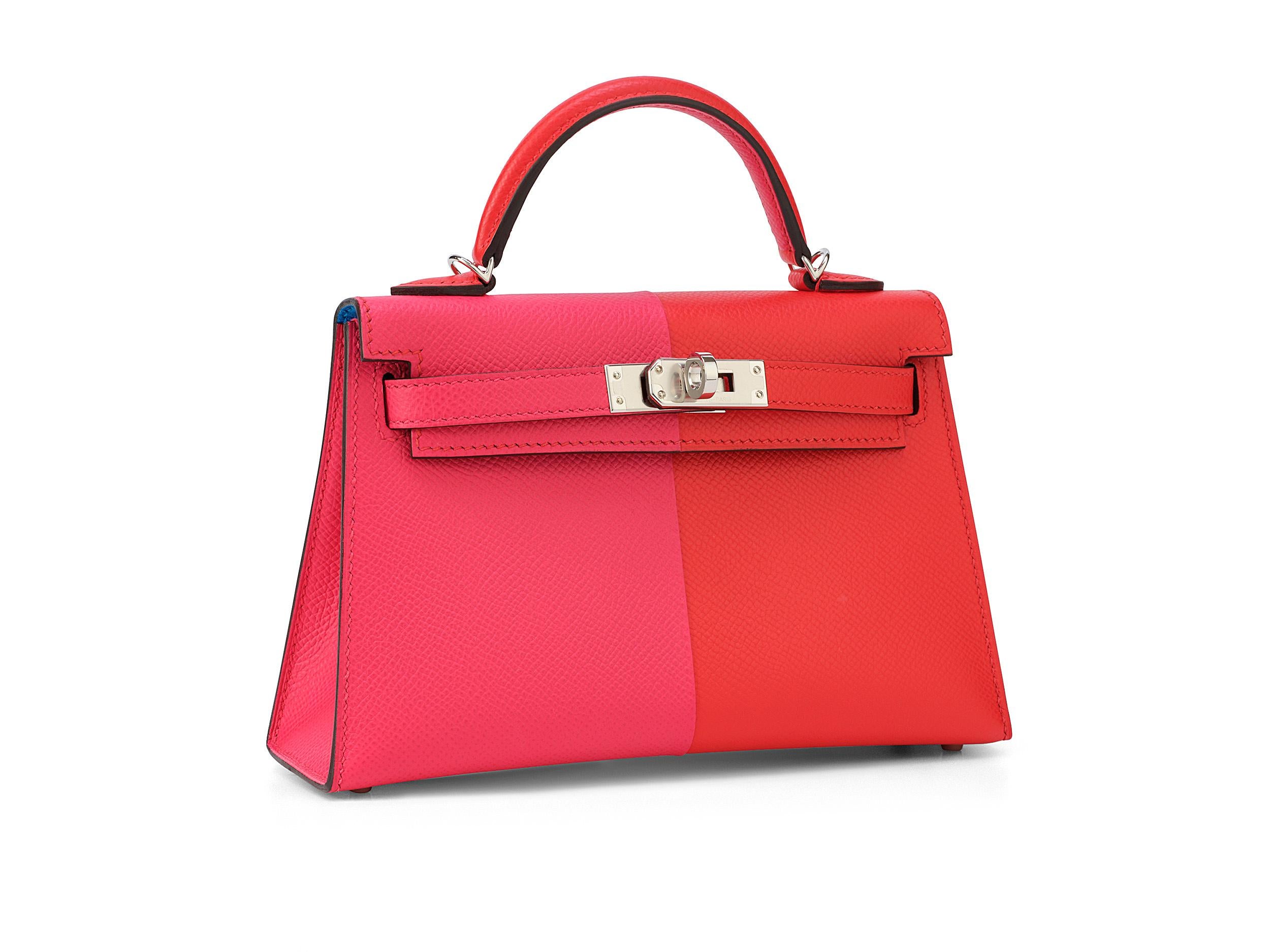Hermès Kelly sellier mini 20 in tri-color: rouge de coeur/rose extreme/bleu zanzibar and epsom leather with palladium hardware. The bag is unworn and comes as full set.

Stamp Z (2021) 

