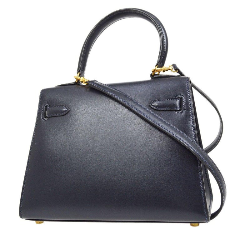 HERMES Kelly 20 Navy Blue Box Calfskin Gold Small Mini Top Handle ...