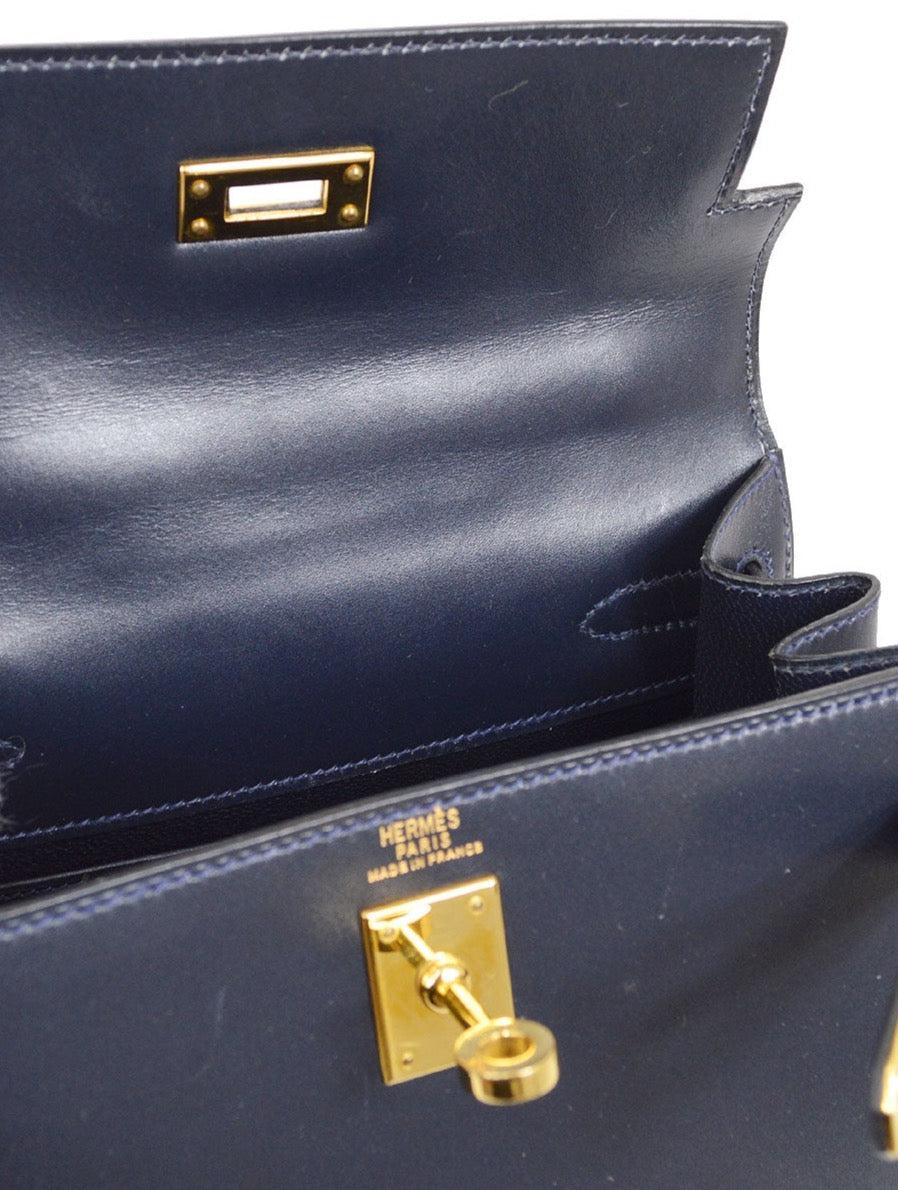 Black HERMES Kelly 20 Navy Blue Box Calfskin Gold Small Mini Top Handle Shoulder Bag
