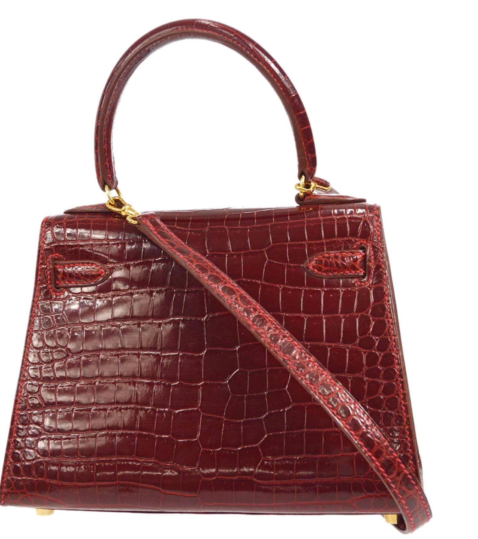 Women's HERMES Kelly 20 Red Burgundy Porosus Crocodile Exotic Leather Gold Tote Bag 