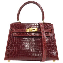 HERMES Kelly 20 Red Burgundy Porosus Crocodile Exotic Leather Gold Tote Bag