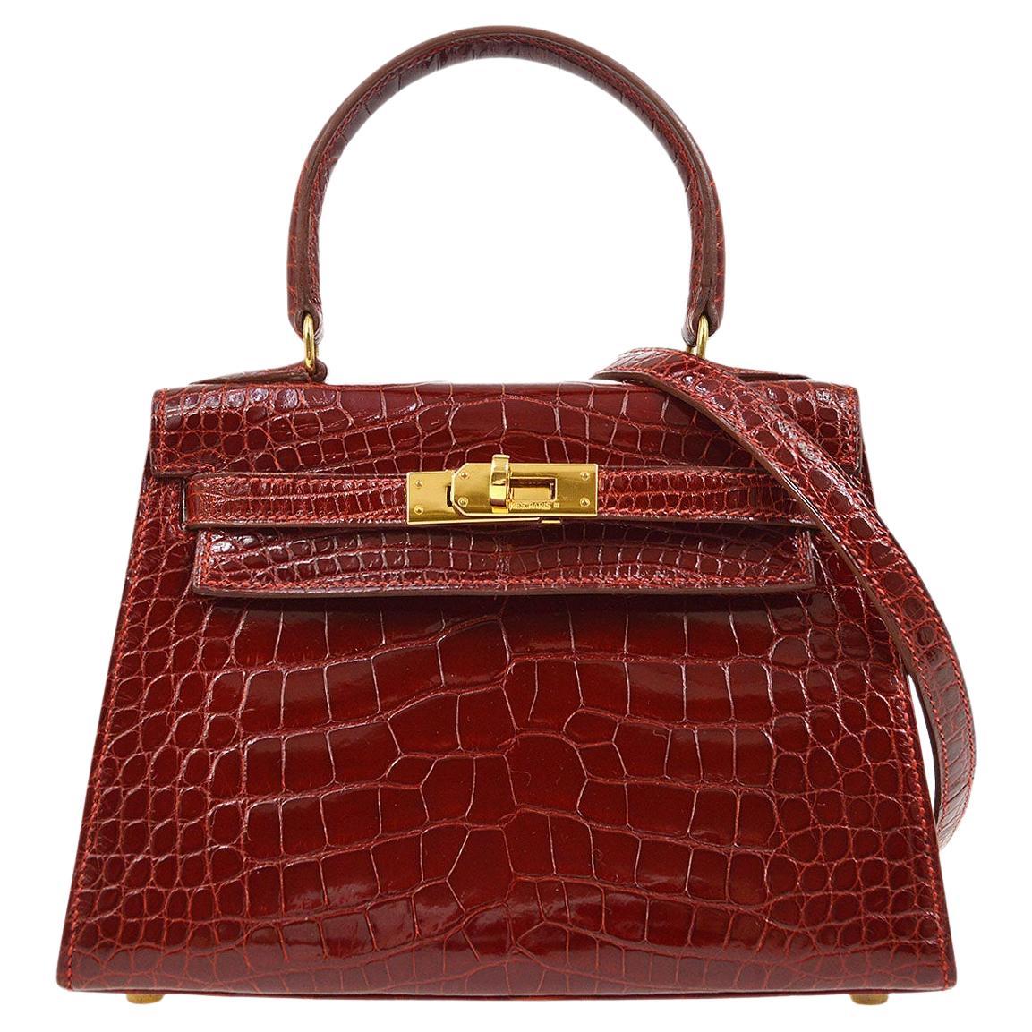 HERMES Kelly 20 Red Burgundy Rouge Alligator Exotic Leather Gold Tote Bag 