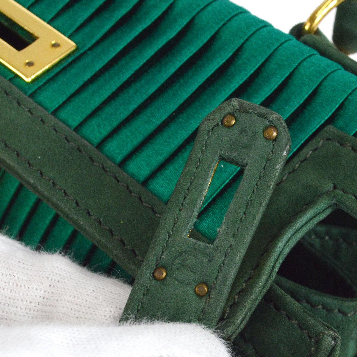 Hermes Kelly 20 Sellier 2way Shoulder Handbag Pleats Green Doblis in Satin For Sale 6