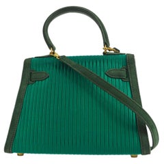 Hermes Kelly 20 Sellier 2way Shoulder Handbag Pleats Green Doblis in Satin