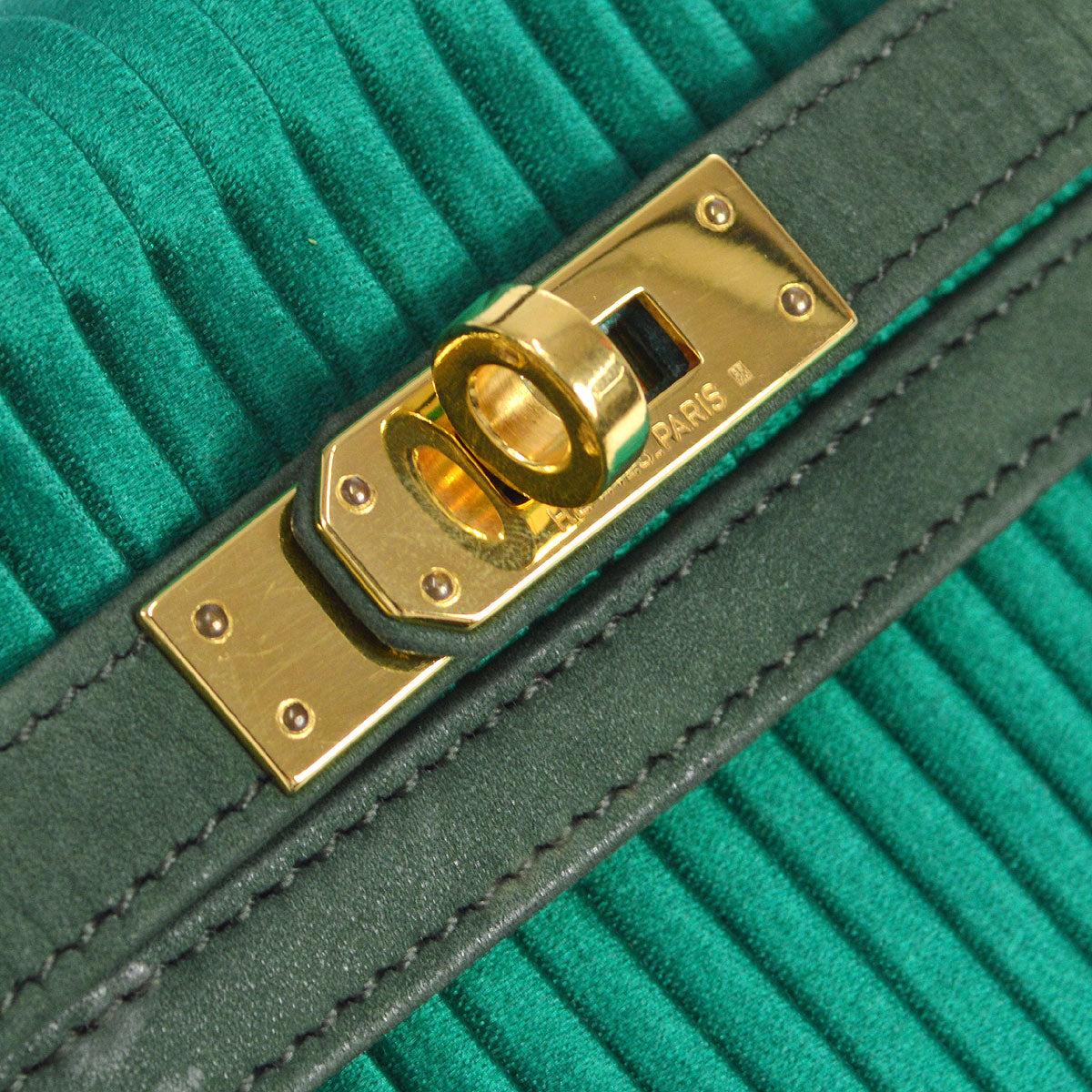 Women's Hermes Kelly 20 Sellier 2way Shoulder Handbag Pleats Green Doblis in Satin For Sale