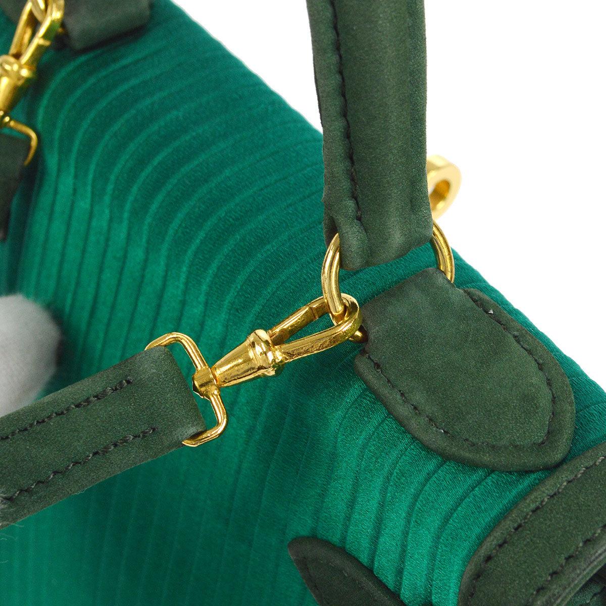 Hermes Kelly 20 Sellier 2way Shoulder Handbag Pleats Green Doblis in Satin For Sale 2