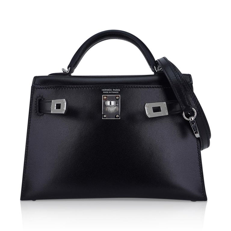 Hermes Kelly 20 Sellier Black Box Leather Mini Bag Palladium Hardware In New Condition For Sale In Miami, FL