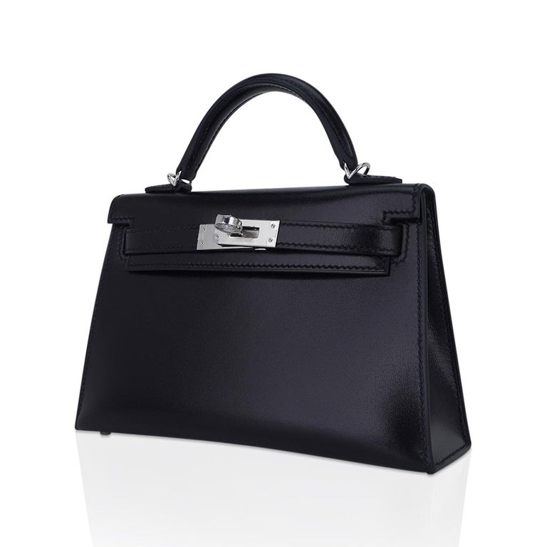 Women's Hermes Kelly 20 Sellier Black Box Leather Mini Bag Palladium Hardware For Sale