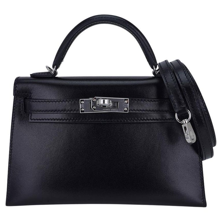 Hermes Kelly 20 Sellier Black Box Leather Mini Bag Palladium Hardware For Sale
