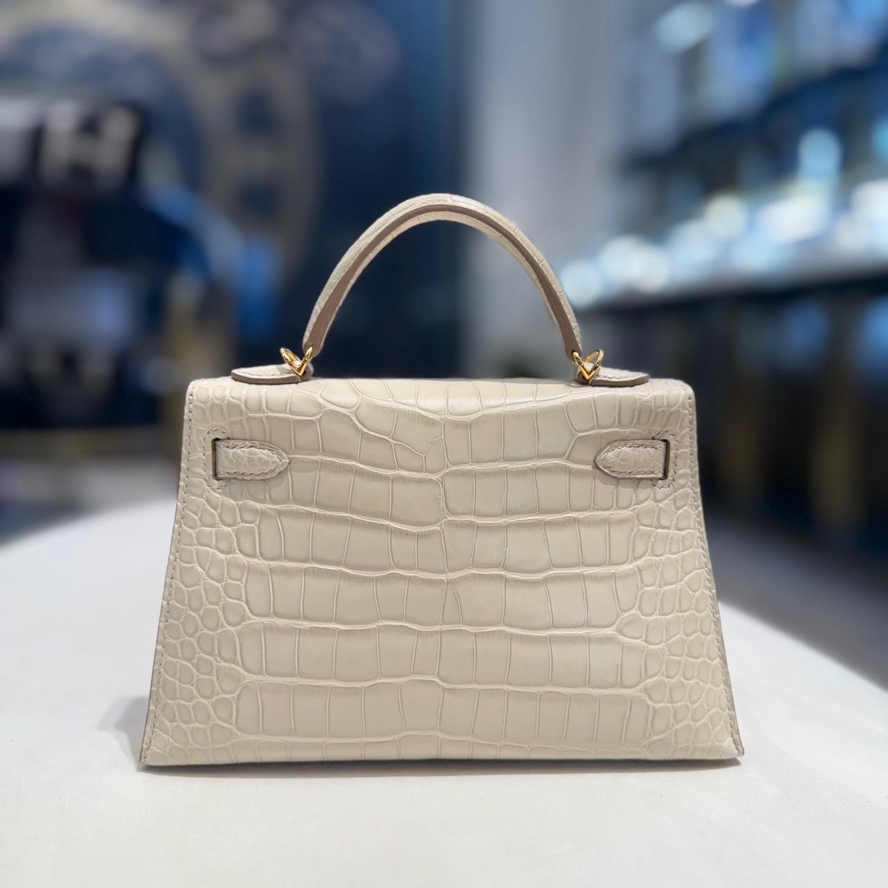 Gray Hermès Beton Mini Kelly 20 Sellier Mate Mississippi Alligator Gold Hardware