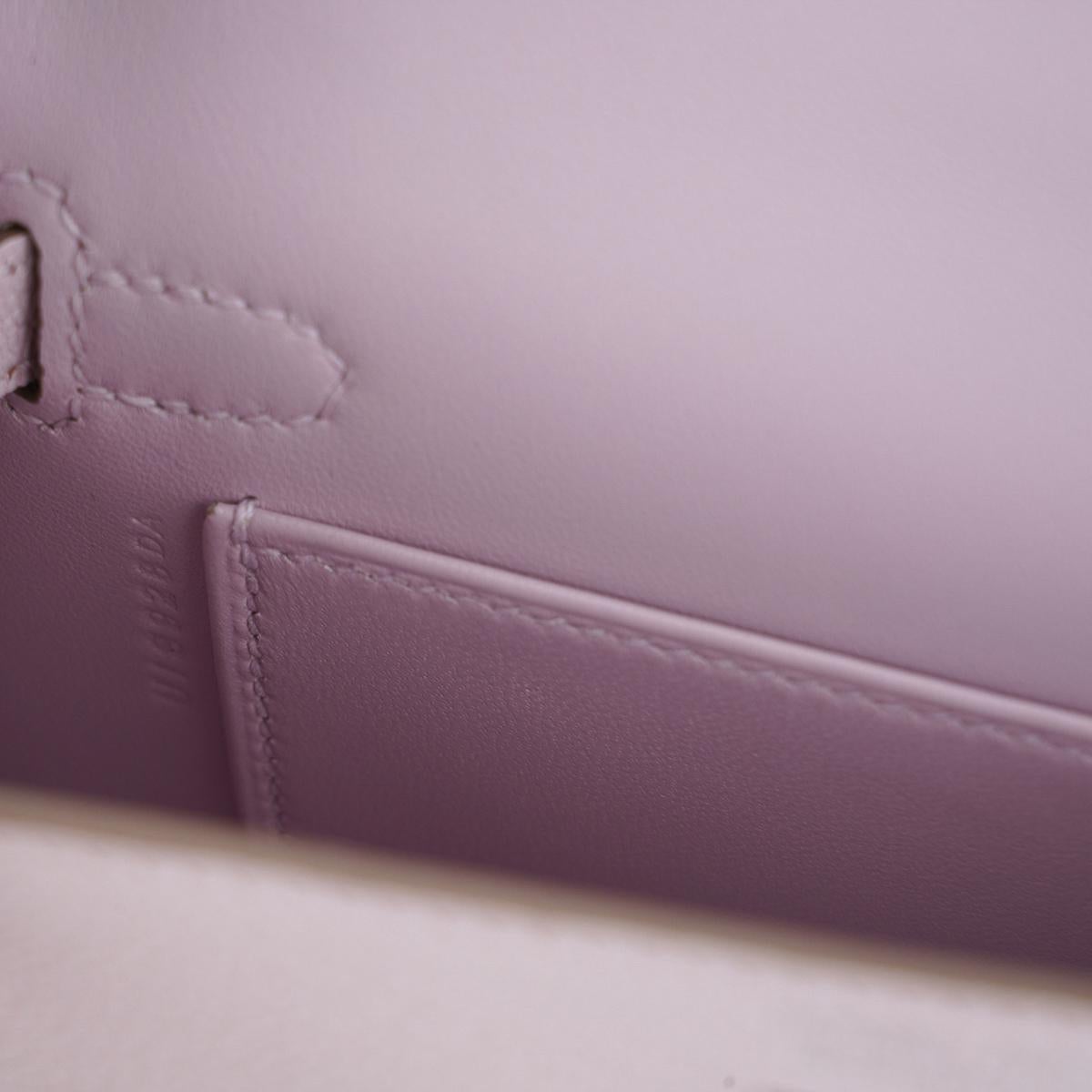 Hermes Kelly 20 Sellier Mauve Pale Mini Bag Palladium Hardware Chevre Leather For Sale 4