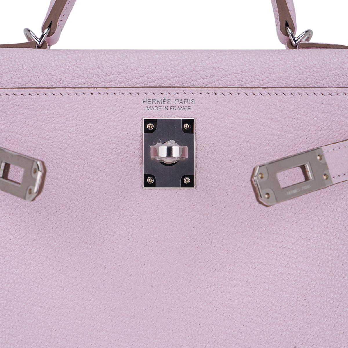 Women's Hermes Kelly 20 Sellier Mauve Pale Mini Bag Palladium Hardware Chevre Leather