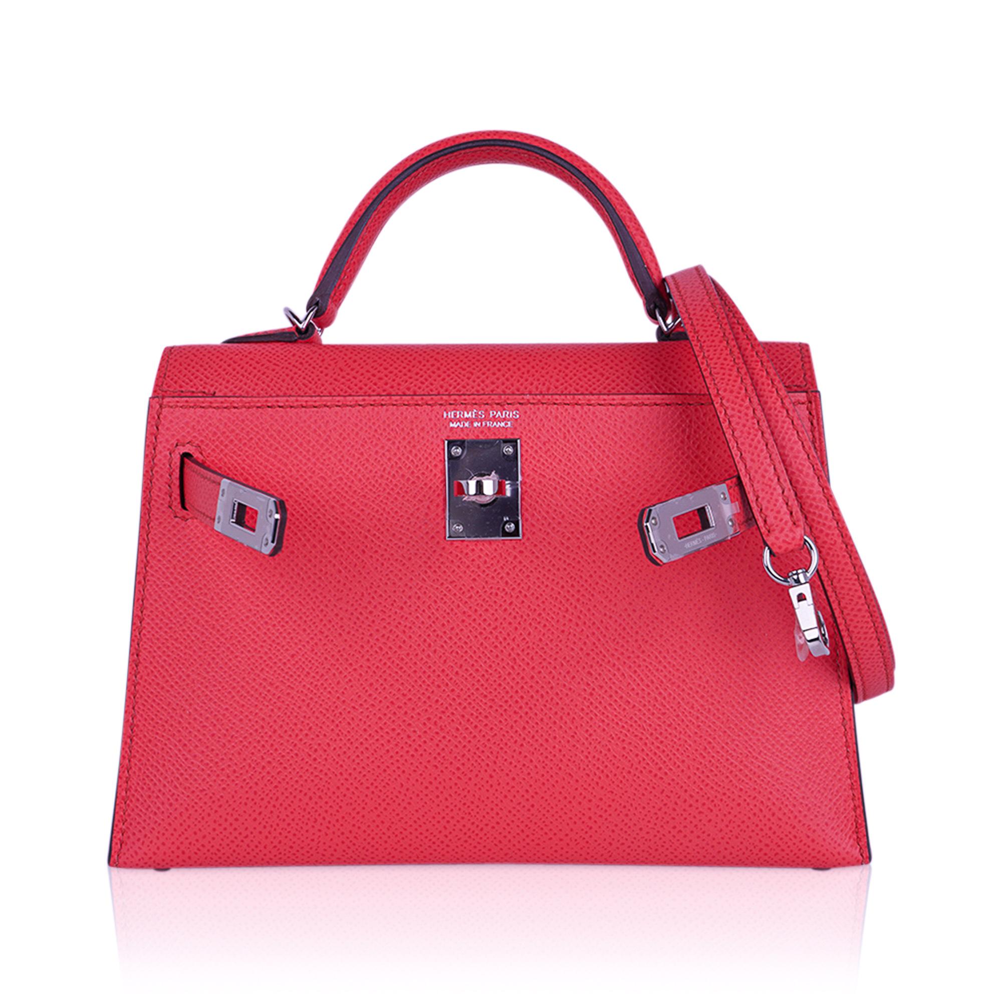Rouge Hermès Kelly 20 Sellier Mini Texas Rose Epsom Cuir Palladium Matériel en vente