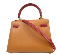 HERMES Kelly 20 Tan Cognac Red Leather Gold Small Mini Shoulder Flap Bag