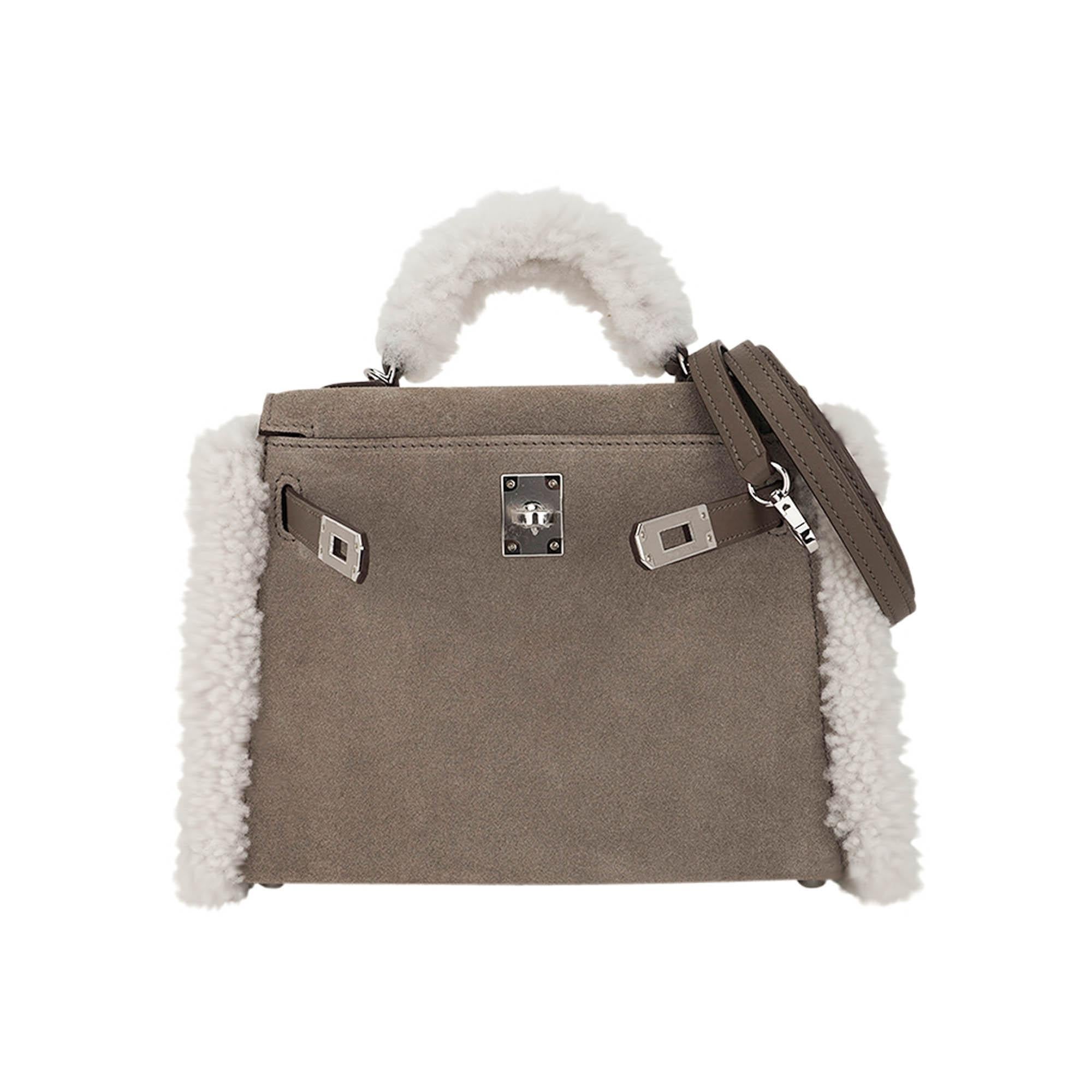 Gray Hermes Kelly 20 Teddy Pluch Gris Caillou Grizzly Shearling For Sale