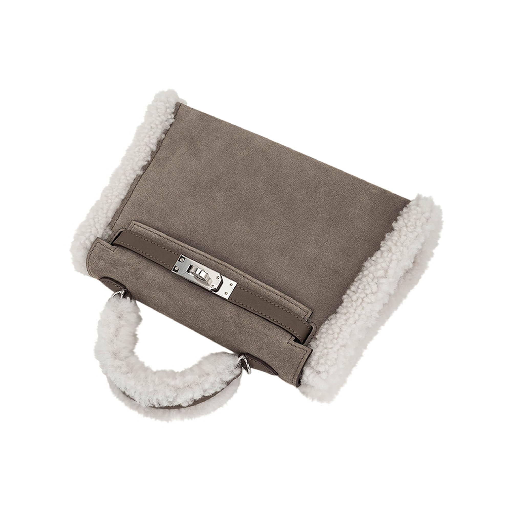 Hermes Kelly 20 Teddy Pluch Gris Caillou Grizzly Shearling For Sale 3