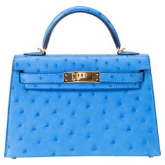 Hermes Kelly 20cm Model II Bluet Ostrich bag with Gold hardware