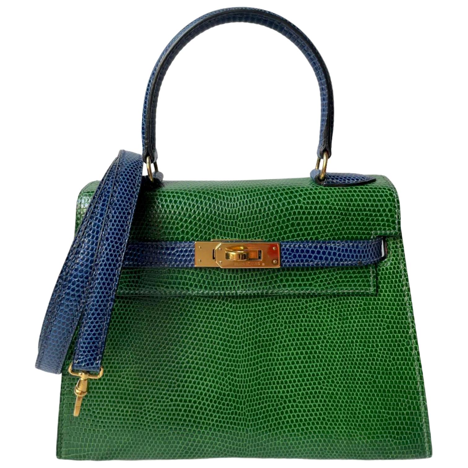 Hermès Kelly 20cm Tri-color Vert Moyen, Blue Saphire, Rouge Lizard Gold Hardware