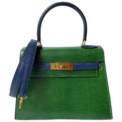 Vintage Hermès Kelly 20cm Tri-color Vert Moyen, Blue Saphire, Rouge Lizard Gold Hardware