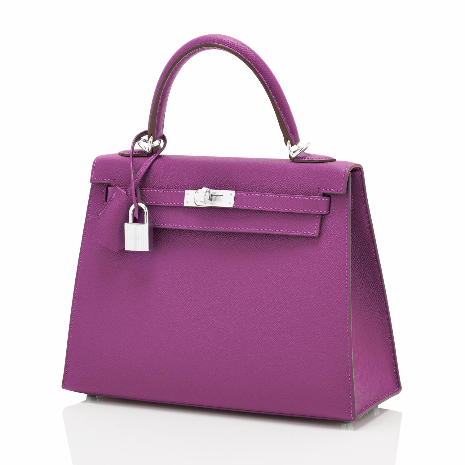 Hermes Kelly 25 Anemone Epsom Sellier Purple Shoulder Bag NEW
Devastatingly gorgeous color! Beyond darling and super chic!
New or Never Worn. Pristine Condition (with plastic on hardware).
Perfect gift! Comes full set with keys, lock, clochette,