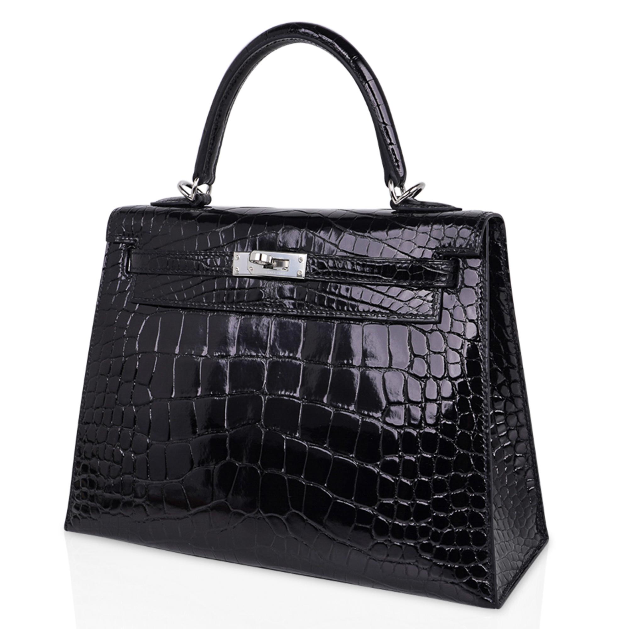 Kelly 25 Sellier Tasche aus schwarzem Alligator mit Palladium-Hardware 1
