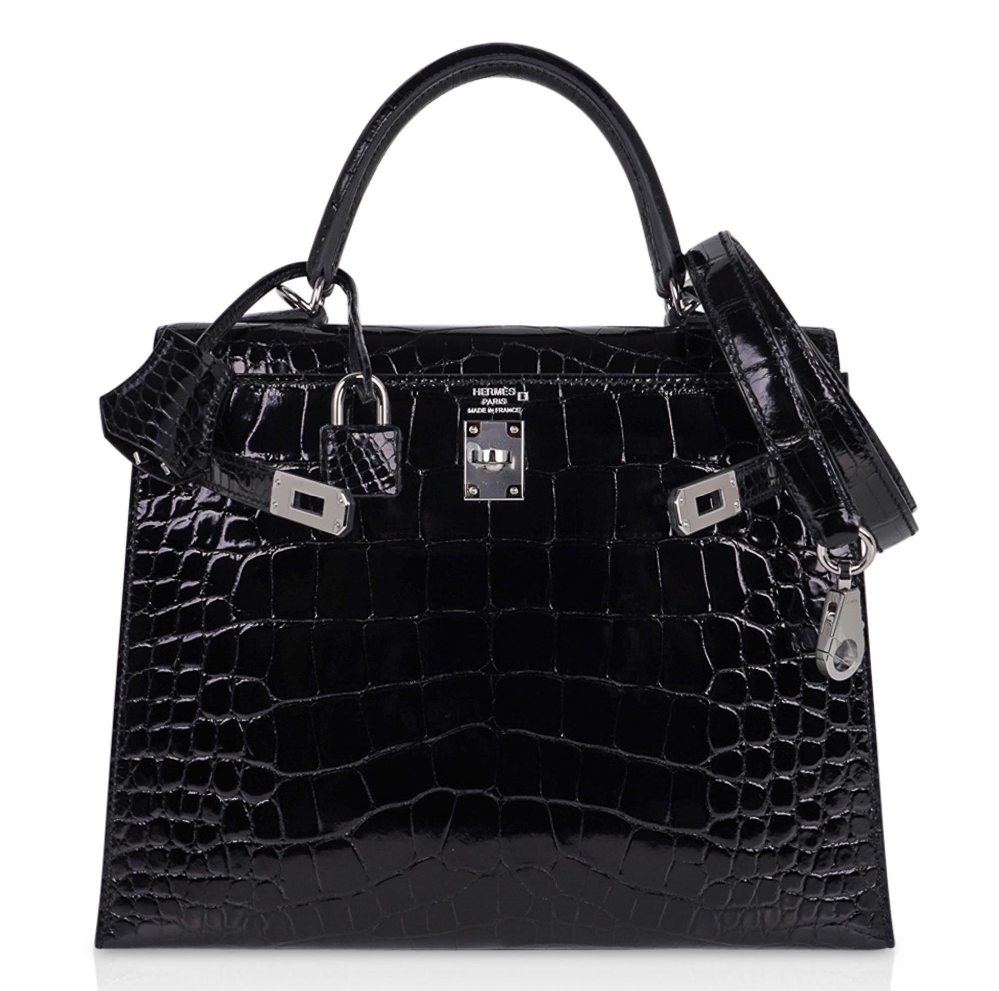 Kelly 25 Sellier Tasche aus schwarzem Alligator mit Palladium-Hardware 3