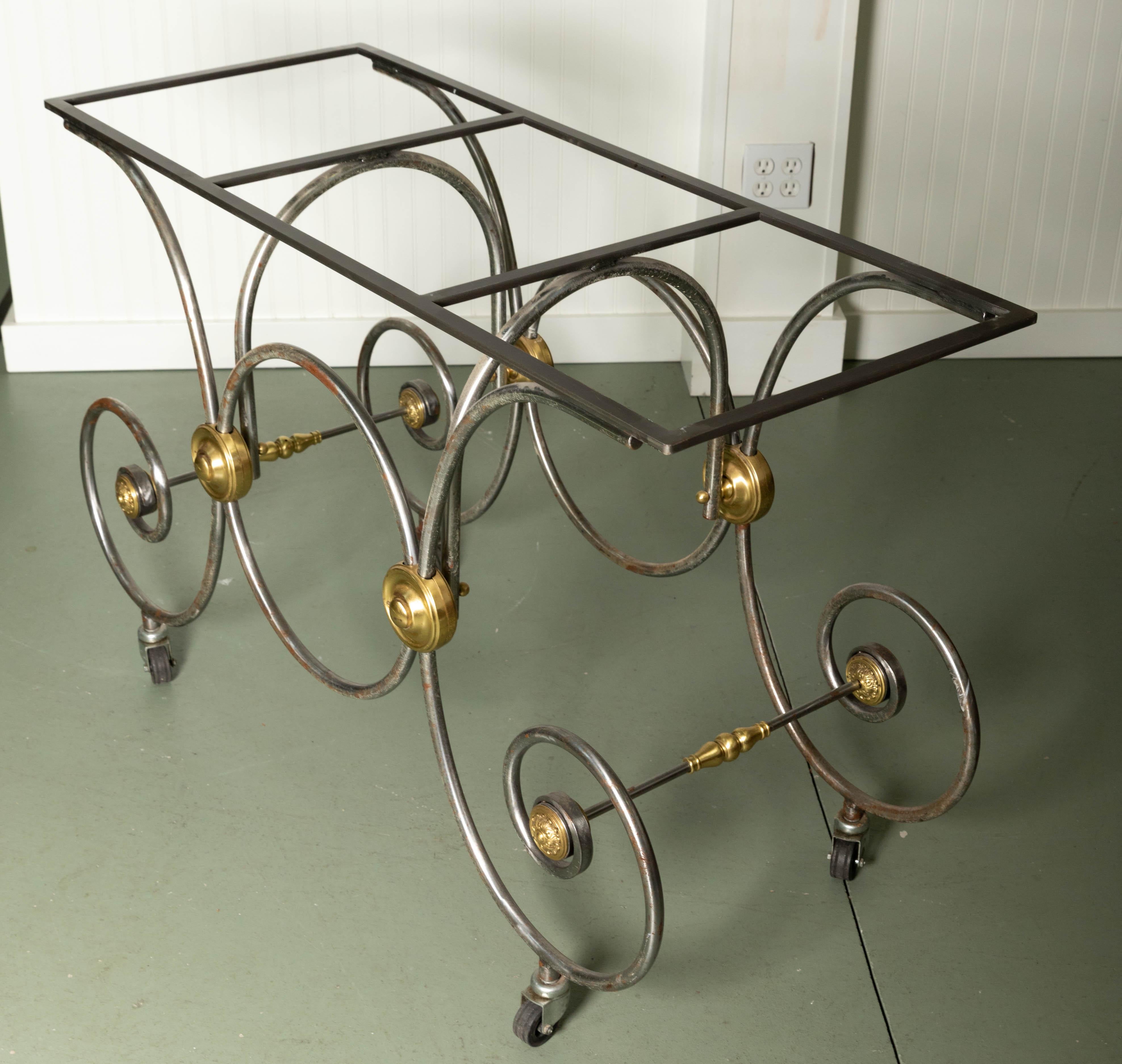 French Style, Marble Top Bakers Table with Brass and Metal Base im Angebot 4