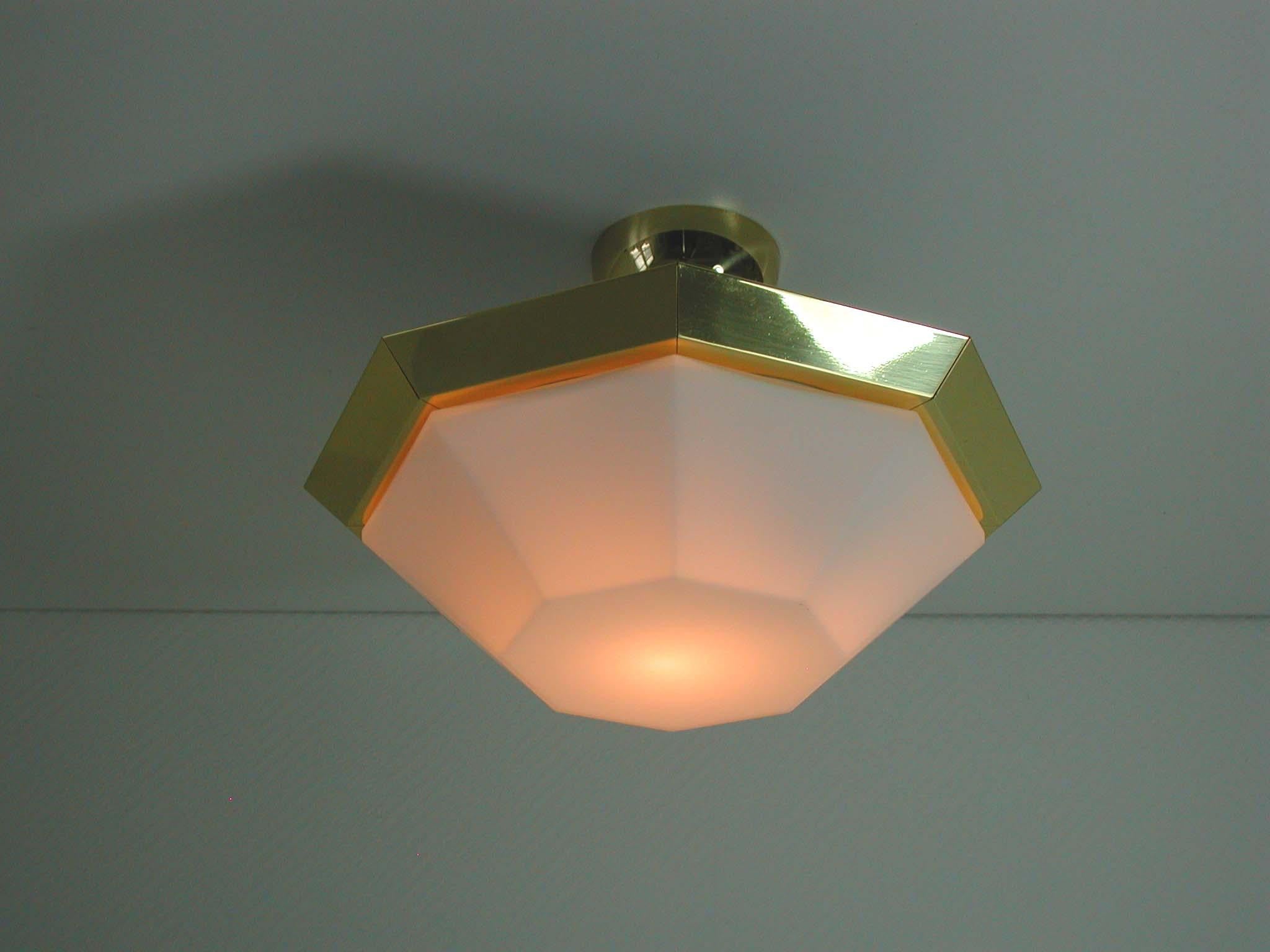 Midcentury German Limburg Brass and Milk Glass Octagonal Sconce Flush Mount 4