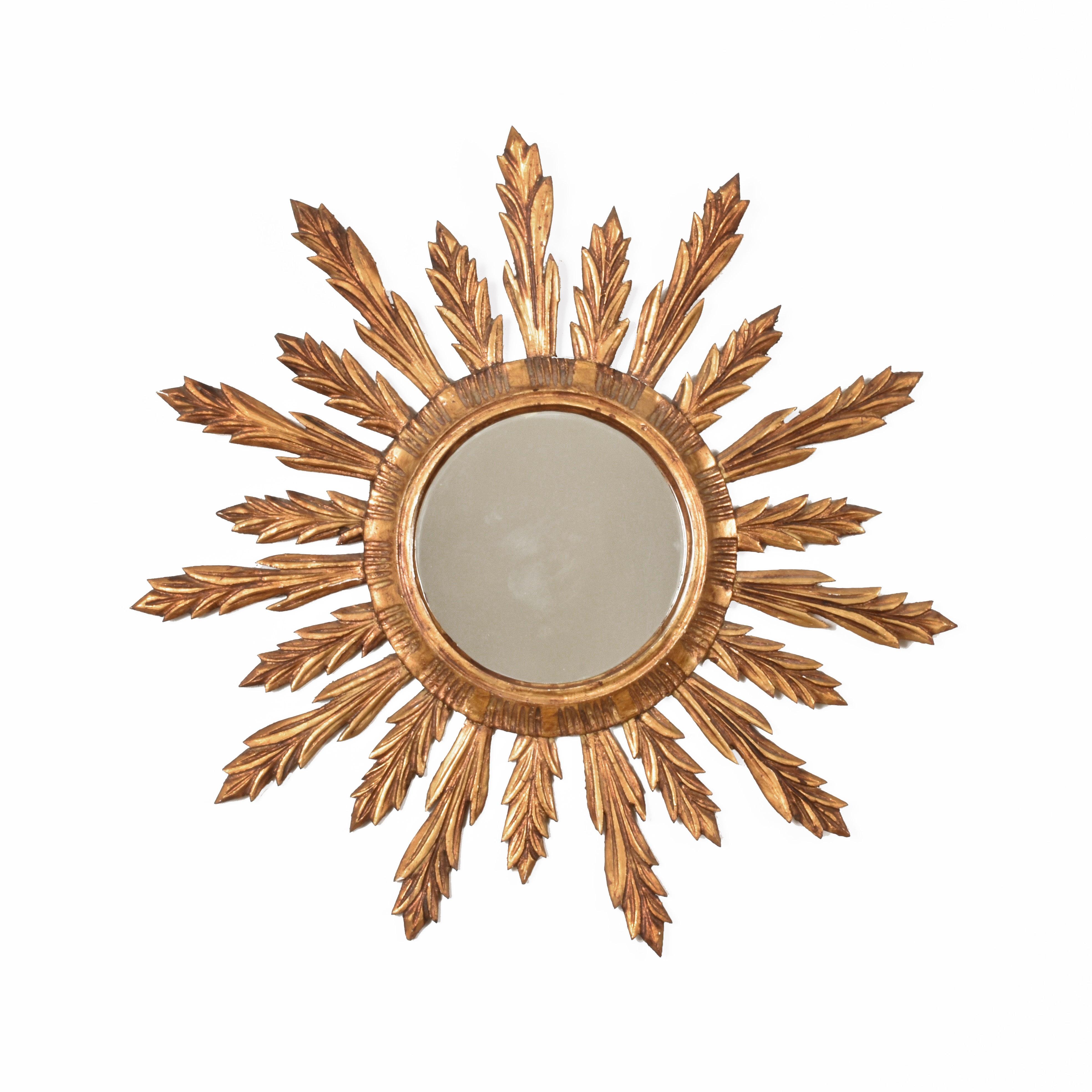Wall Mirror in Gilded Wood, Giltwood Sunburst Vintage, France 1950s, Lucky Charm 3