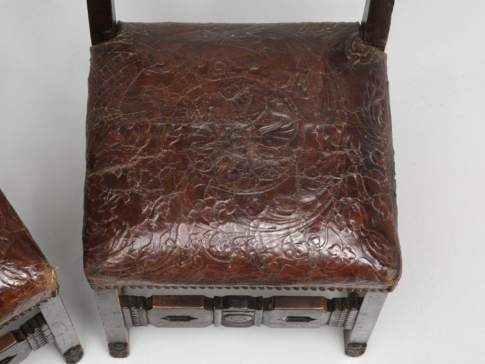 Pair Spanish Tooled Leather Antique Chairs 2