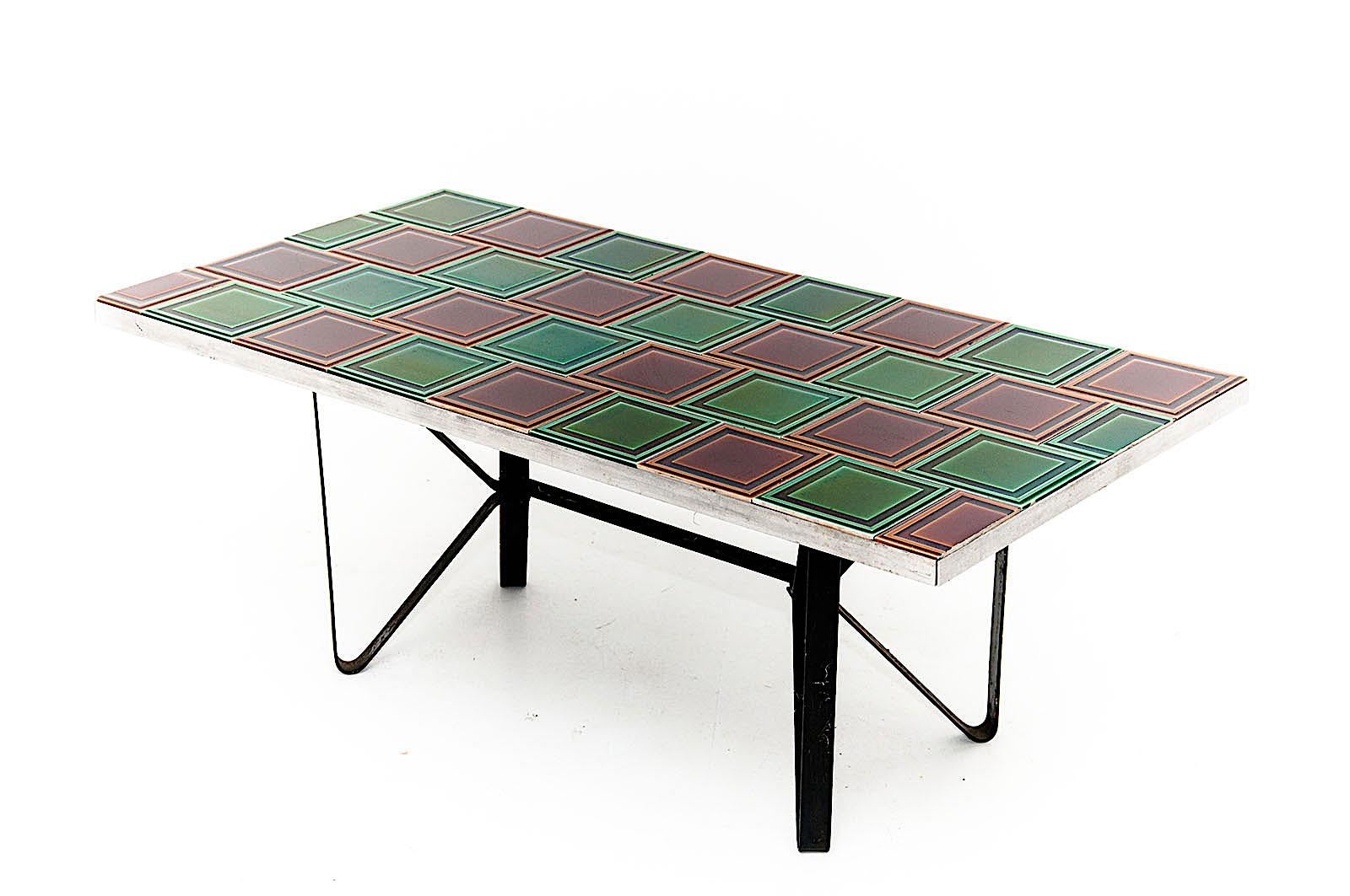 Ceramic Coffe Table, Green and Brown, 1960 in the Style of Jeannette Laveirrière 2