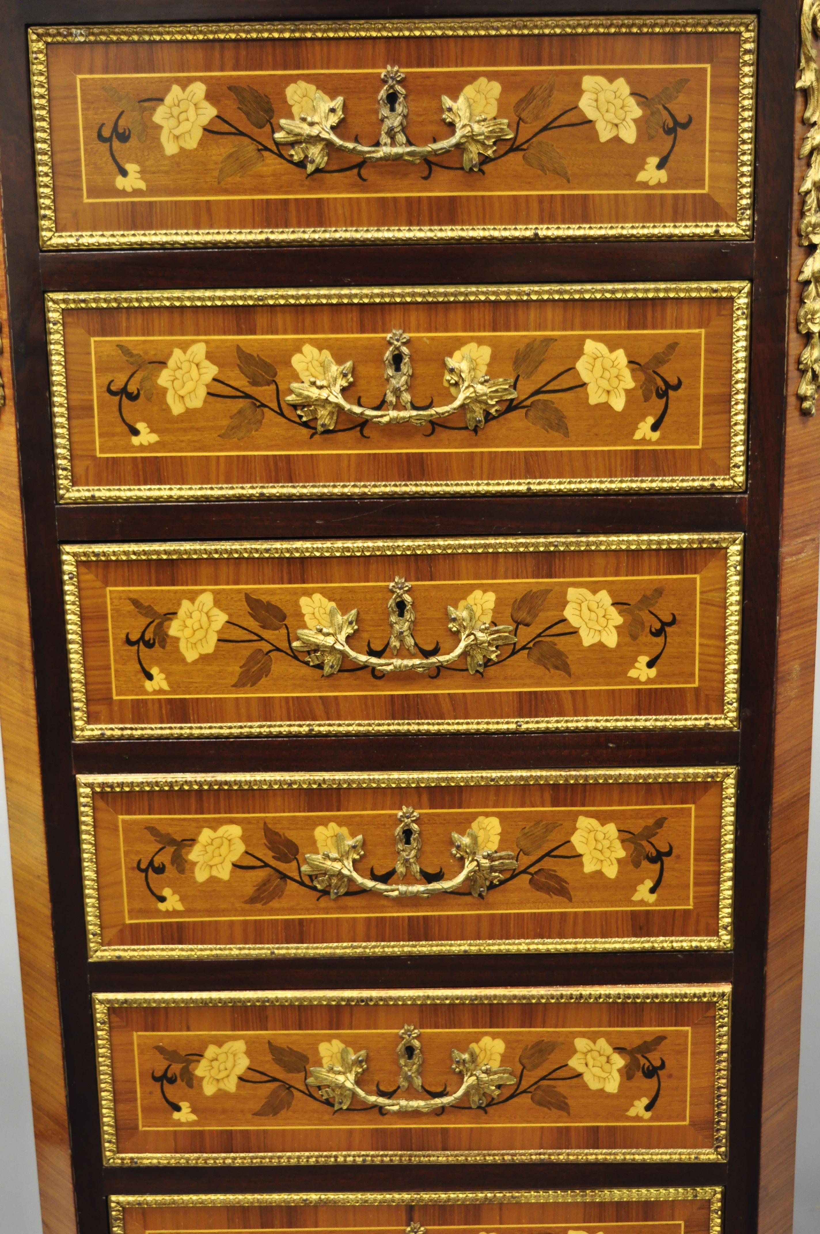 Louis XV French Style Marble-Top Inlaid Seven-Drawer Lingerie Tall Chest 4